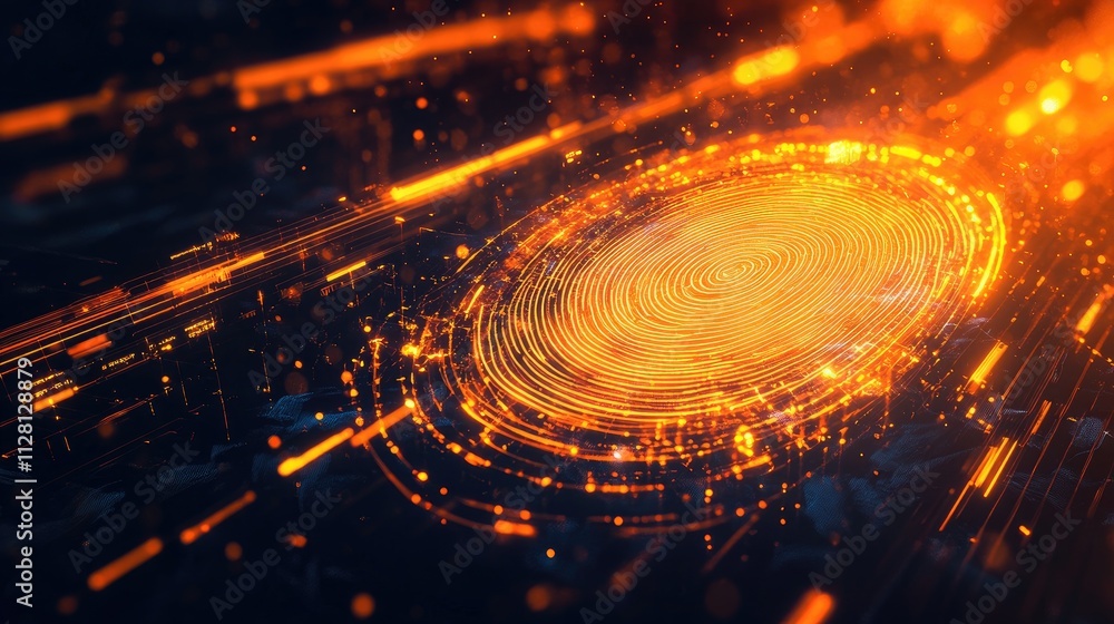 Aufkleber A bright orange digital fingerprint design, symbolizing cybersecurity and digital identity with glowing lines and high-tech visual elements
