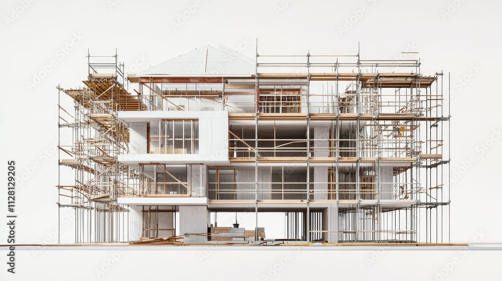 Poster A building under construction with scaffolding and construction materials on a white background, highlighting the framework and ongoing work
