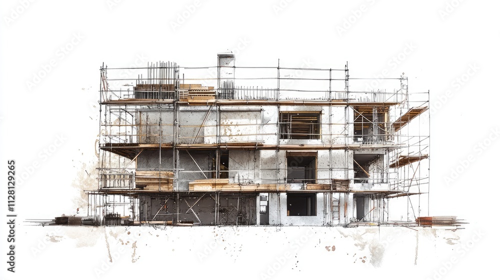 Poster A building under construction with scaffolding and construction materials on a white background, highlighting the framework and ongoing work