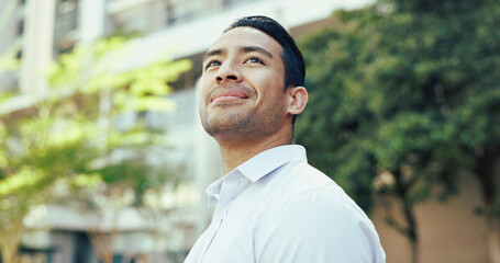 Thinking, smile and travel with business man in city for reflection, future and morning commute....