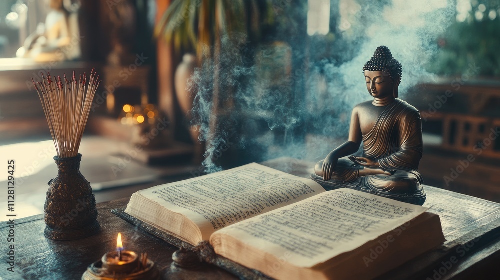 Poster a calm scene of an open tripitaka manuscript with pali text, incense burning gently, and a buddha st