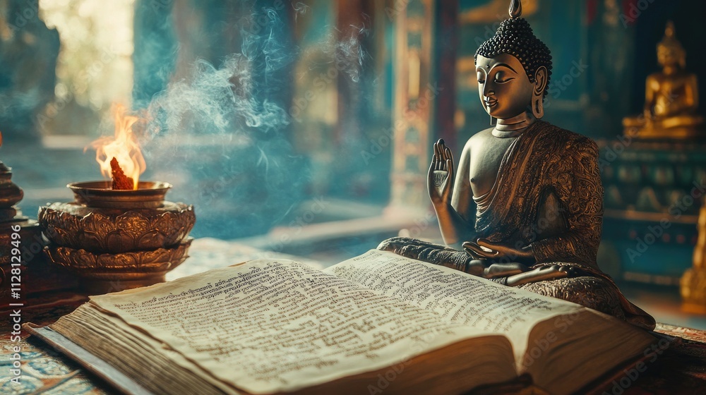 Poster a calm scene of an open tripitaka manuscript with pali text, incense burning gently, and a buddha st