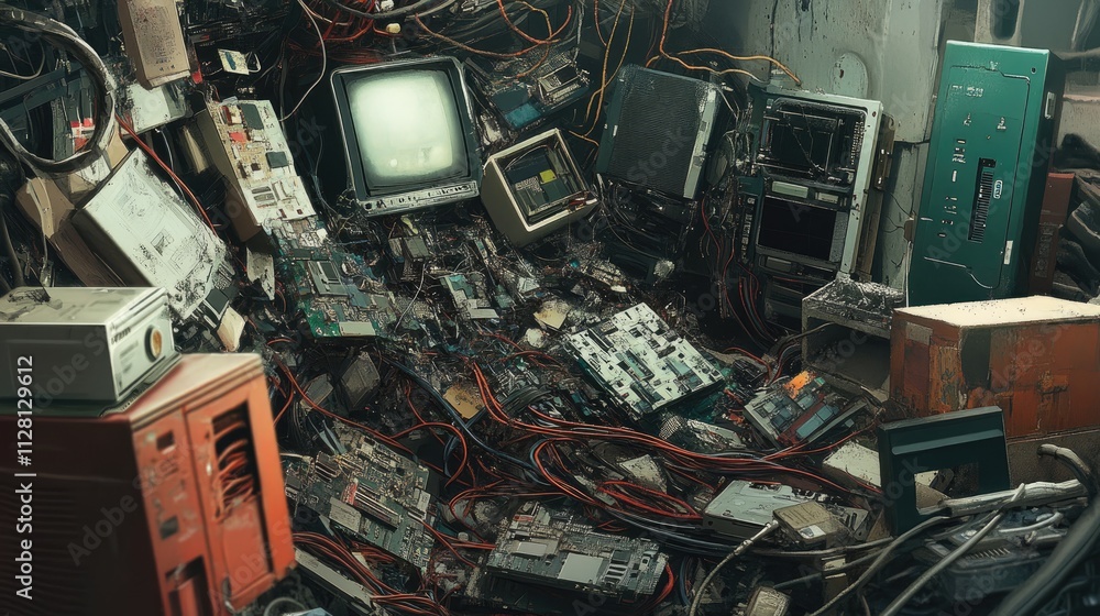 Poster a chaotic assortment of electronic waste featuring broken circuit boards, tangled wires, and discard