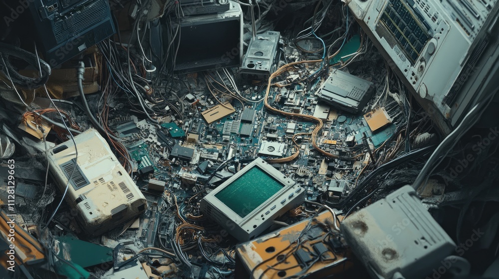 Poster a chaotic assortment of electronic waste featuring broken circuit boards, tangled wires, and discard