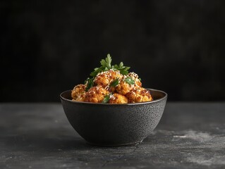 A bowl of flavorful roasted cauliflower garnished with herbs and sesame seeds.