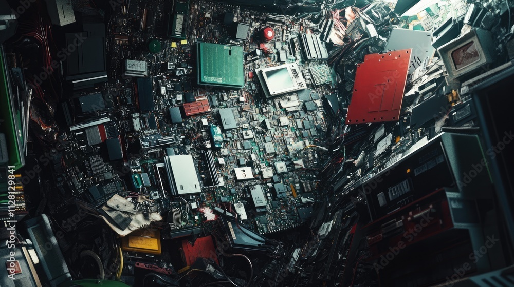 Poster a chaotic collection of electronic waste, including circuit boards, microchips, and various discarde