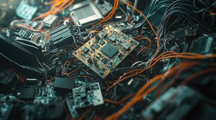 A chaotic pile of electronic waste featuring discarded microchips, circuit boards, and tangled wires, symbolizing the overwhelming amount of tech waste