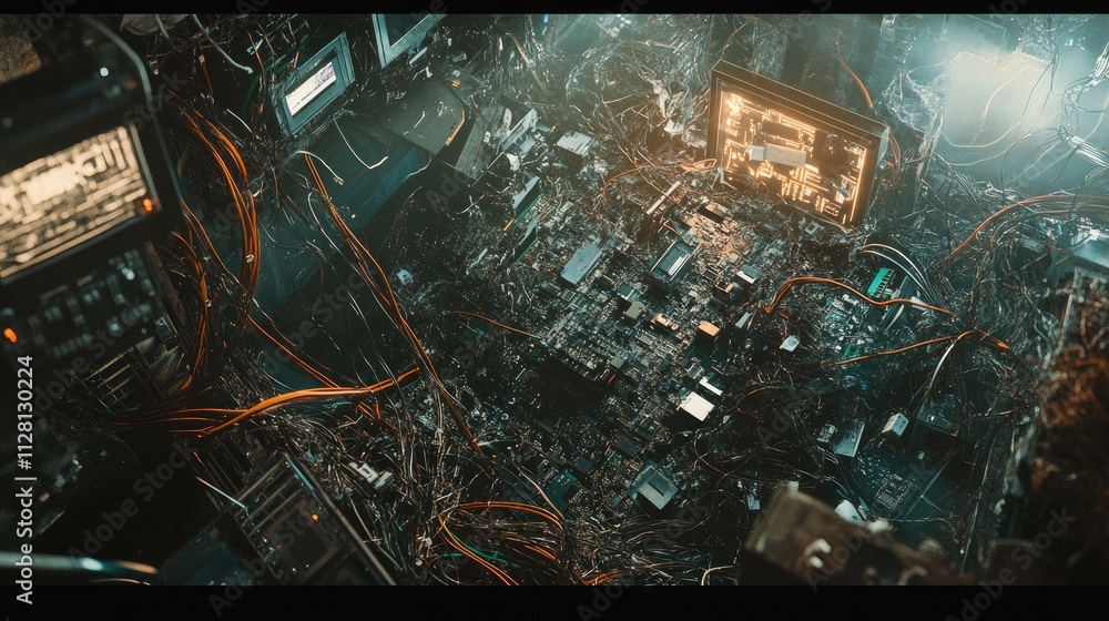 Poster a chaotic heap of tangled wires and circuit boards, showcasing the mess of electronic waste, with br