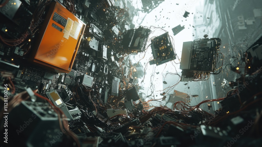 Poster a chaotic scene of discarded electronic components, with tangled wires and malfunctioning circuit bo