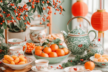 A family dining table with a bowl of mandarin oranges, a traditional Chinese tea set, and a red lantern, creating a festive Chinese New Year atmosphere.