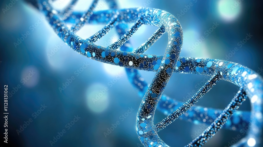 Poster a close-up of a glowing digital dna helix on a sleek blue and black background, showcasing a high-te