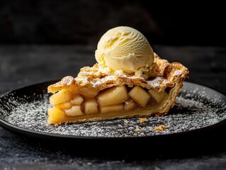 A slice of apple pie topped with vanilla ice cream on a black plate, dusted with powdered sugar.