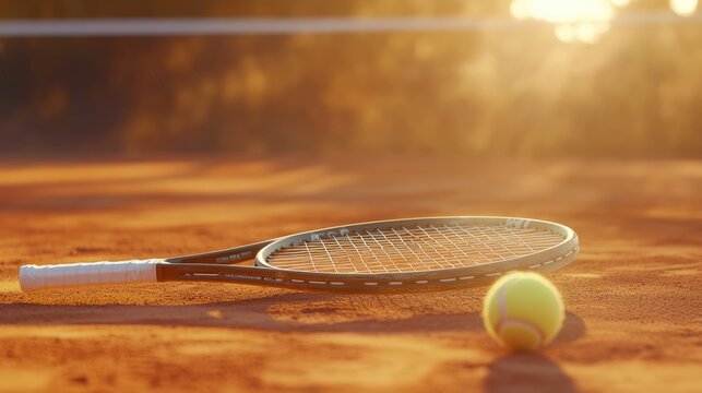 A close-up of a tennis racket and ball on a clay court, with a sports banner space for event promotion or advertising, perfect for tennis-related branding