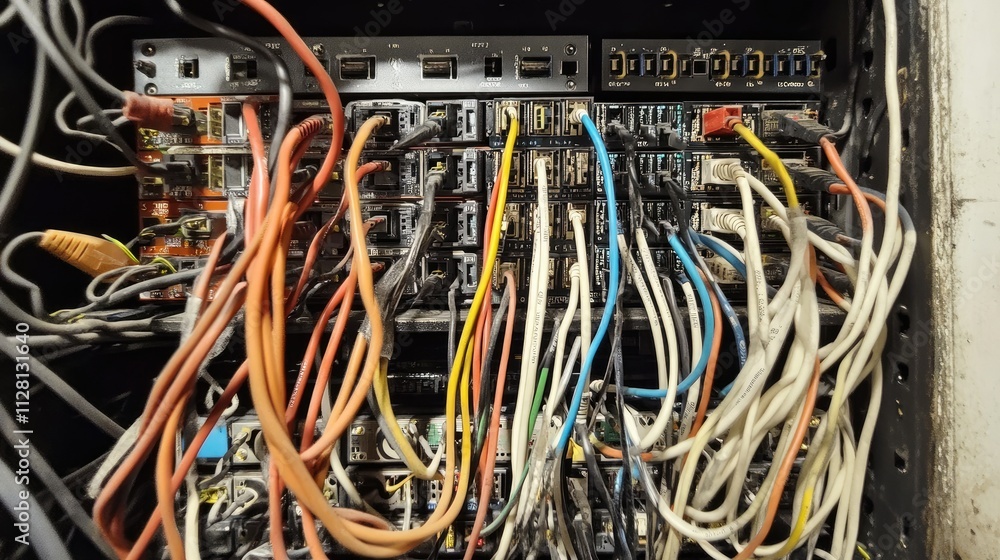 Poster A close-up of network cables and computer switches neatly arranged in a rack, showing a well-organized IT infrastructure in a server room