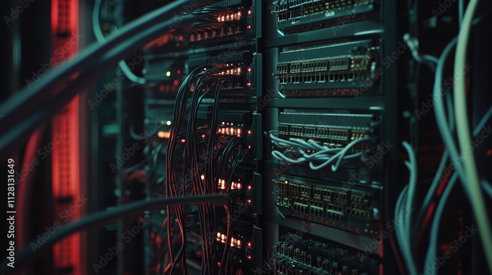 Poster A close-up of network cables and computer switches neatly arranged in a rack, showing a well-organized IT infrastructure in a server room