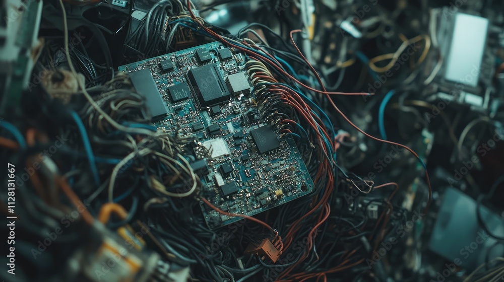 Poster a close-up of tangled wires, circuit boards, and discarded technology piled in a chaotic jumble, sym