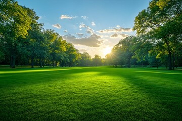 Obraz premium A serene park scene featuring lush green grass and trees, illuminated by the warm glow of the setting sun against a clear blue sky.