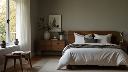 Cozy bedroom with a light gray wall, wooden furniture, a white bed with a dark gray blanket, and a window