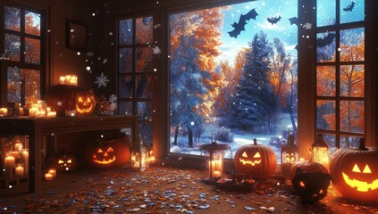 Obraz premium Cozy Halloween room with pumpkins, candles, and snowy autumn scene outside.