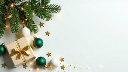 White Christmas background with fir branches and green and gold decorations with copy space on the right. Mockup design of New Year card. Top view of garland lights, gift box and balls. Text place