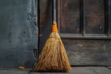 A handcrafted broom rests against a rustic wooden door in a cozy room