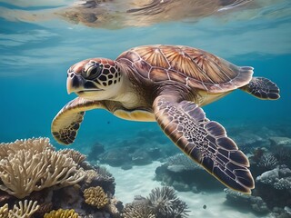Fototapeta premium Sea Turtle Gliding Through the Great Barrier Reef