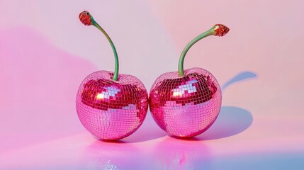 3D pink cherries made from disco balls on a pink background