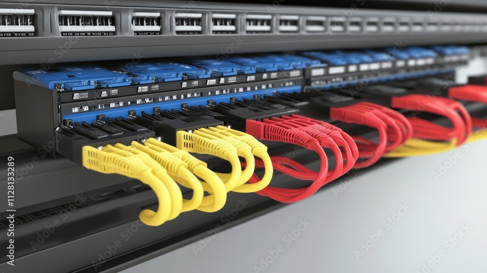 Fototapete A detailed view of network cables connected to computer switches in a server rack, illustrating the complexity of modern networking systems