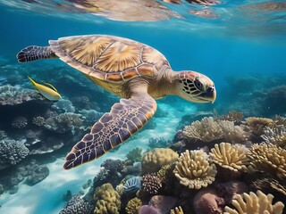 Fototapeta premium Sea Turtle Gliding Through the Great Barrier Reef