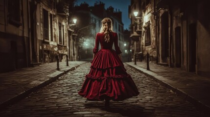 Naklejka premium Woman walking down cobblestone street night She is A ghostly figure