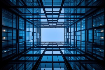 Looking up at a modern glass building from below.