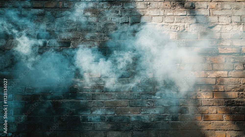 Poster a dramatic shot of smoke swirling in front of a weathered, distressed brick wall, adding texture and
