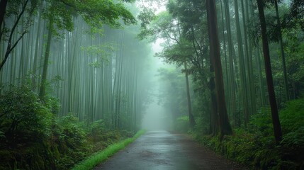 Naklejka premium Exploring a Serene Bamboo Forest Path Morning Mist Nature Scene Tranquil Environment Zen Perspective