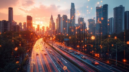 Obraz premium Sunset cityscape with highway traffic and digital network overlay.