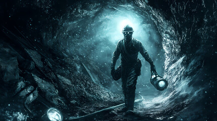 Fototapeta premium The presence of the phantom miner is palpable as if he is still hard at work forever toiling in the depths of the abandoned mine. Phantom. Illustration