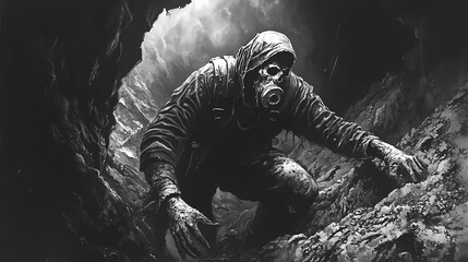 The presence of the phantom miner is palpable as if he is still hard at work forever toiling in the depths of the abandoned mine. Phantom. Illustration