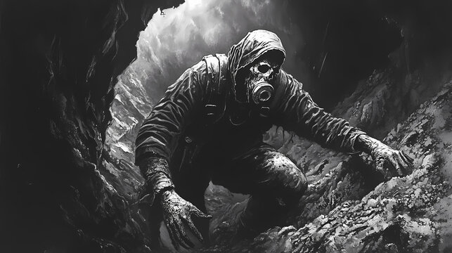 The presence of the phantom miner is palpable as if he is still hard at work forever toiling in the depths of the abandoned mine. Phantom. Illustration