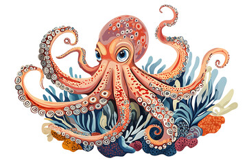 Fototapeta premium A colorful, cartoon-style octopus surrounded by vibrant underwater plants and corals.