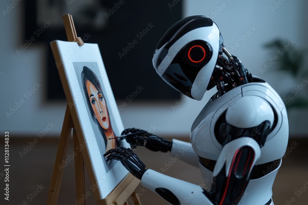 Poster futuristic humanoid robot creating art by painting a portrait on an easel in a modern indoor setting