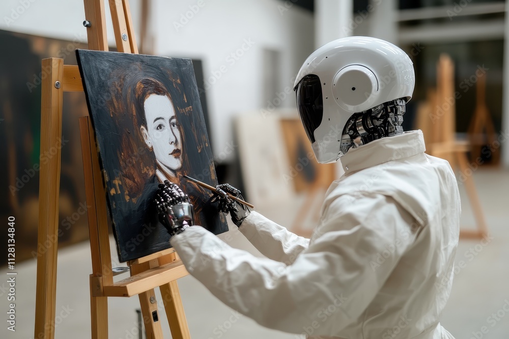 Poster futuristic humanoid robot creates art in a modern gallery setting during daylight hours