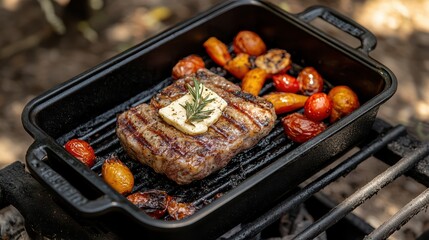 Sizzling Steak Grilled to Perfection Backyard BBQ Food Photography Outdoor Dining Close-up Herb Butter Delight