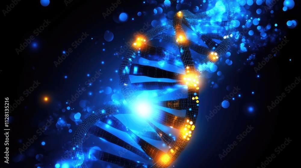 Poster a glowing digital dna helix on a deep blue and black background, symbolizing the intersection of tec