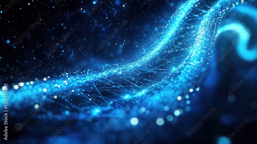 Poster a glowing digital dna helix on a deep blue and black background, symbolizing the intersection of tec
