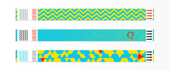 Festival event bracelet. Concert ticket mockup. Entrance sticker vector design for wristband. Access to disco or hotel with wrist tag isolated set. Admission ribbon in sport club or game area.