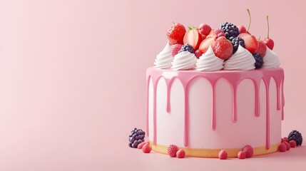 3D rendering of a cute cake with white cream and fruits on top an isolated background