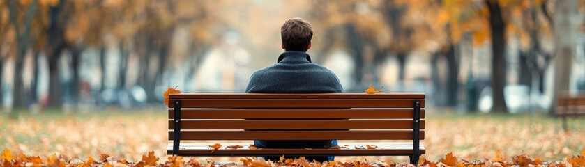 Solitary Man Sitting Alone on a Park Bench Surrounded by Colorful Autumn Leaves Reflecting on Life's Transitions and Challenges