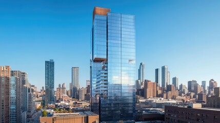 Obraz premium A high-rise glass building amidst an urban cityscape, reflecting its surroundings and highlighting its modern architectural design against a clear blue sky