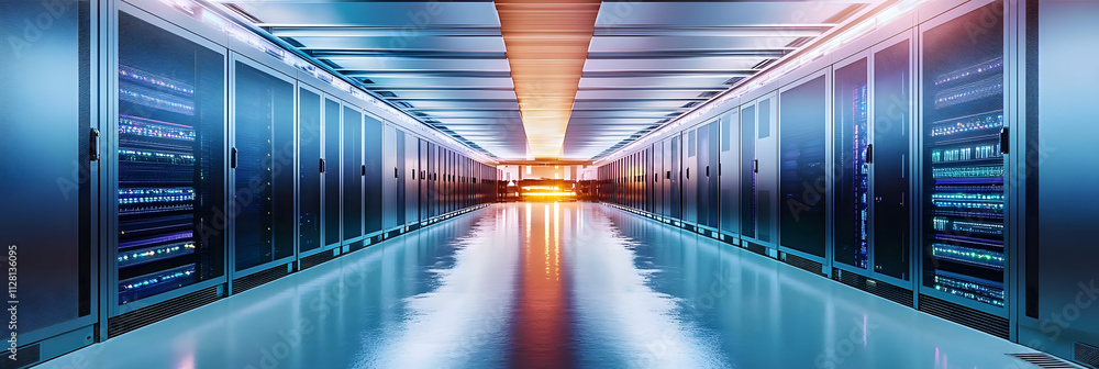 Poster a data center with rows of servers being cooled by sophisticated climate control systems