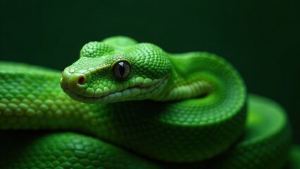 Obraz premium A coiled green snake against a dark background. Symbol of New Year according the Eastern calendar. Fear and snakephobia concept. A dangerous reptile. Poisonous animal