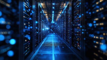 Fototapeta premium Exploring Futuristic Technology Sci-Fi Corridor Holographic Displays Blue Ambient Light Perspective View Sci-Fi Concept